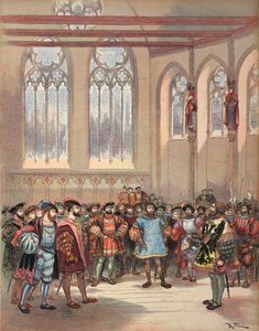 The Bourgogne herald, sent by Charles V, received by Francis I in the Great hall of Parliament, illustration from 